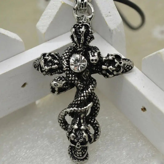 Snake Cross Skeleton Skull Pendant Necklace for Men