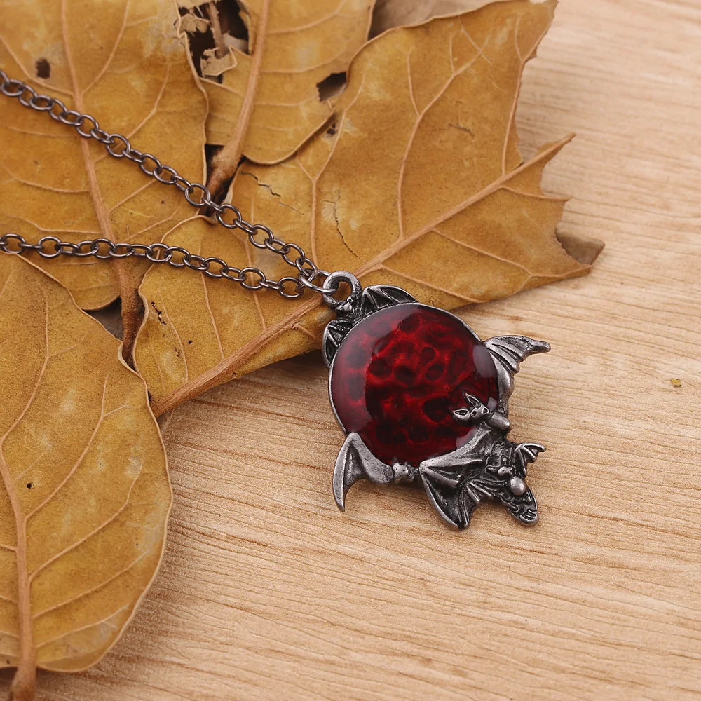 Halloween Necklace Red Crystal Vampire Bat Pendant